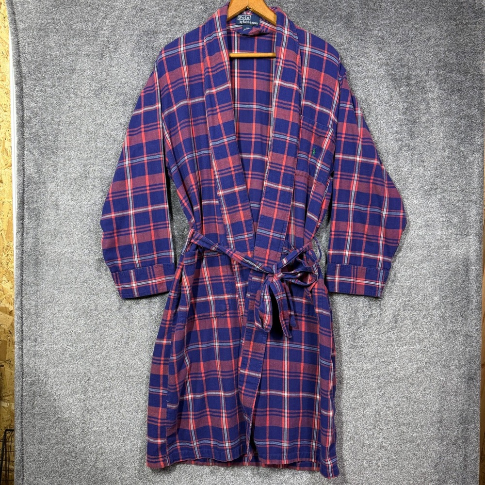 Polo Ralph Lauren Mens Plaid Flannel Robe Navy Blue Red Cotton S/M Sleepwear